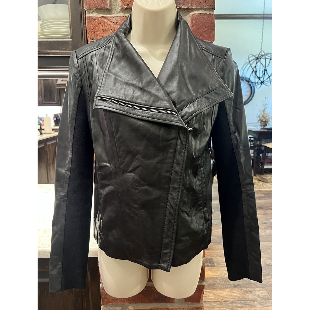 Trouve Nordstrom Black Genuine Leather Asymmetrical Moto Jacket Women's XS